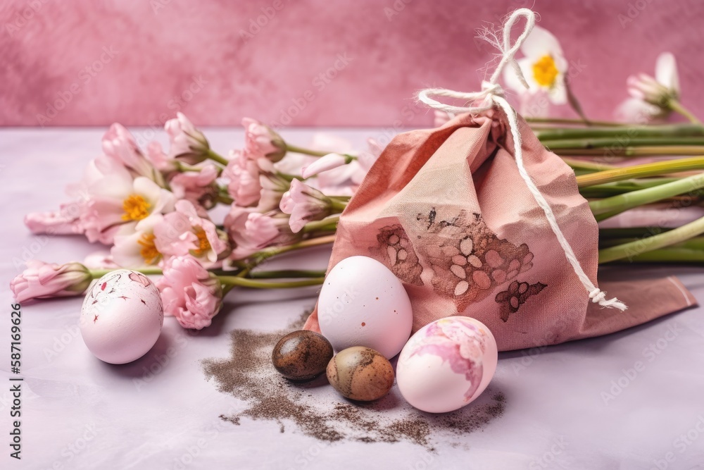 Easter eggs and spring flowers are displayed on a pink tile background in a string bag. Generative AI Easter eggs and spring flowers are displayed on a pink tile background in a string bag. Generative AI