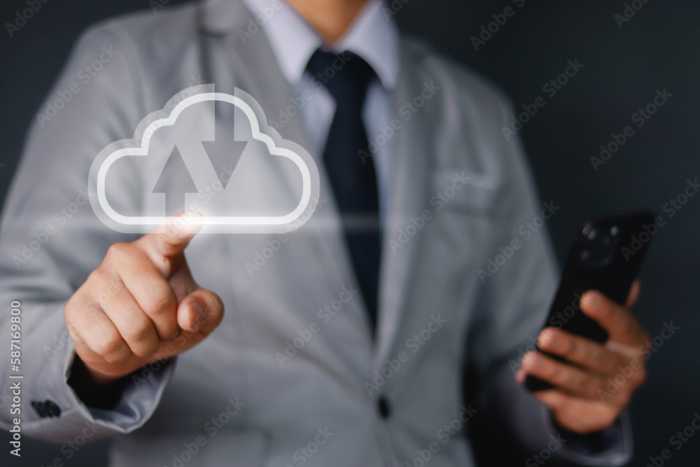 Cloud computing diagram shown in hand cloud technology storage The concept of networks and internet services. Cloud computing diagram shown in hand cloud technology storage The concept of networks and internet services.