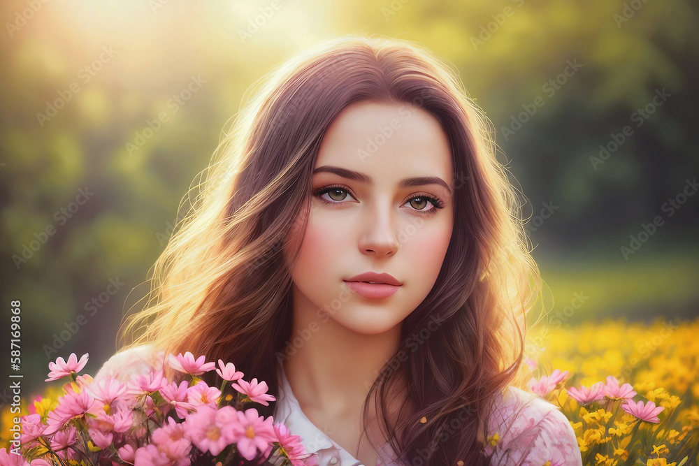 Portrait of a young woman, white, long hair, looking at camera, outdoors with flowers against the backdrop of a flowering meadow at spring, cinematic, photorealism. AI generated. Portrait of a young woman, white, long hair, looking at camera, outdoors with flowers against the backdrop of a flowering meadow at spring, cinematic, photorealism. AI generated.
