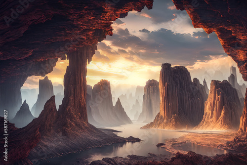 Sunset in a canyon. Generative AI. © Aaron Lee