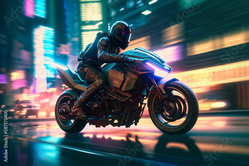 generative AI. Urban Adventure on a High-Speed Motorcycle © photobuay