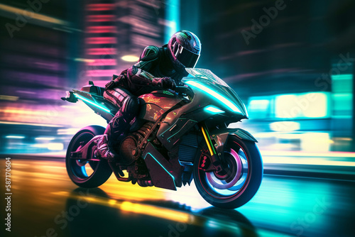 generative AI. Urban Adventure on a High-Speed Motorcycle © photobuay