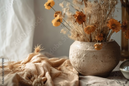 Dry flowers in a white vase on beige cloth. House decor. Generative AI