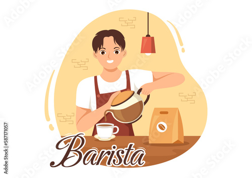 Barista Illustration With Wearing Standing Apron Making Coffee for Customer in Flat Cartoon Hand Drawn Landing Page or Web Banner Template