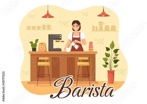 Barista Illustration With Wearing Standing Apron Making Coffee for Customer in Flat Cartoon Hand Drawn Landing Page or Web Banner Template