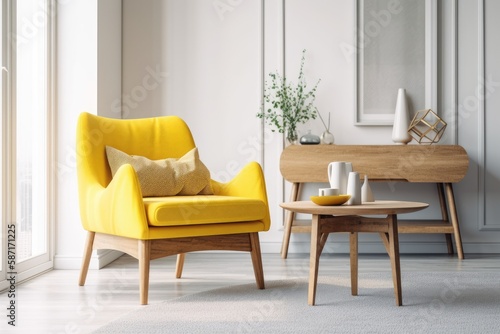 Yellow fabric armchair and table in white living room. Generative AI
