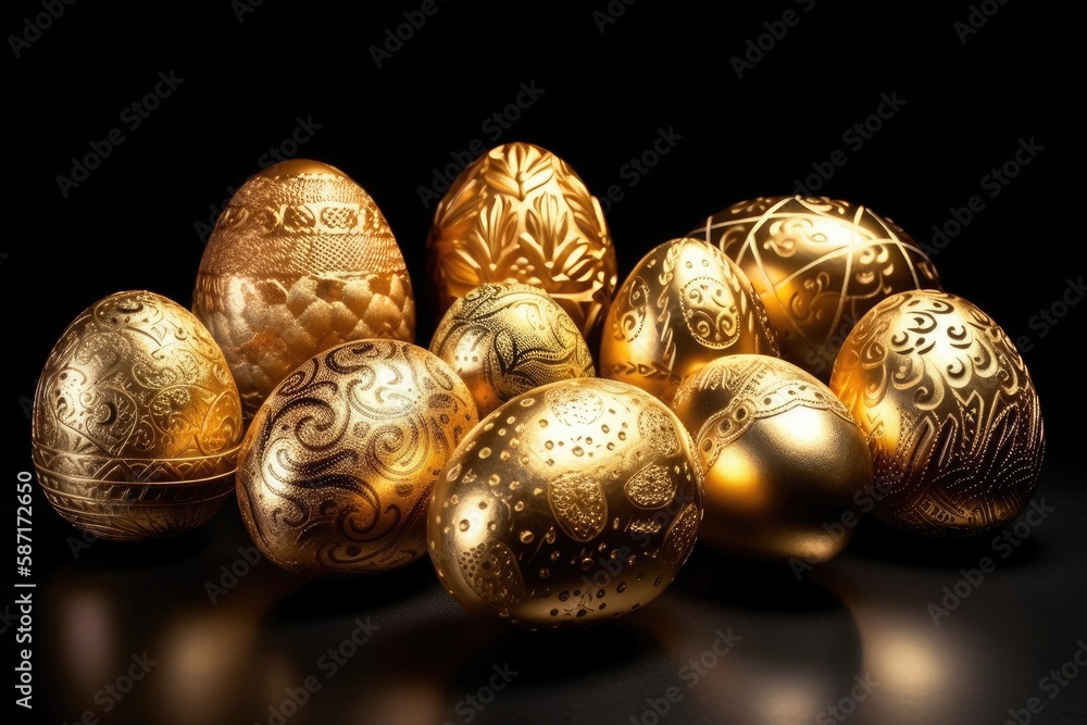 pile of shiny golden eggs on a wooden table. Generative AI pile of shiny golden eggs on a wooden table. Generative AI