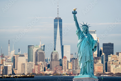 Statue Liberty on background of Manhattan during a good day. Statue Liberty opposite New York city © dima