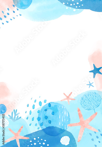 手描きの優しい水彩の海の生き物のベクターイラストフレーム背景