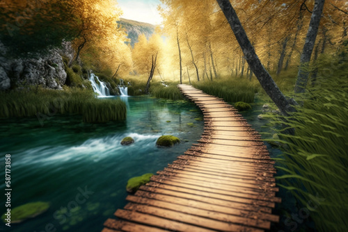 Beautiful wooden path in Plitvice lake  Croatia   Generative AI 