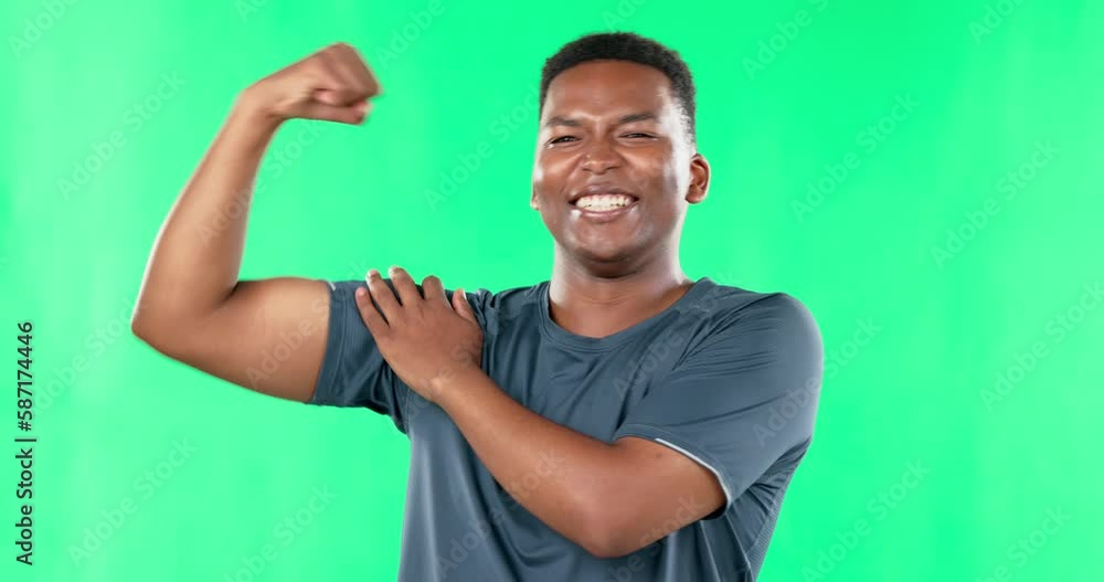 Black man, muscle and strong flexing on green screen in studio isolated on a background. Face portrait, fitness and happy person or bodybuilder with strength, energy or healthy, workout or power. Black man, muscle and strong flexing on green screen in studio isolated on a background. Face portrait, fitness and happy person or bodybuilder with strength, energy or healthy, workout or power.