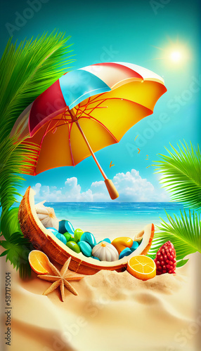 Beautiful summer sandy beach  tropical composition. Generative AI illustration