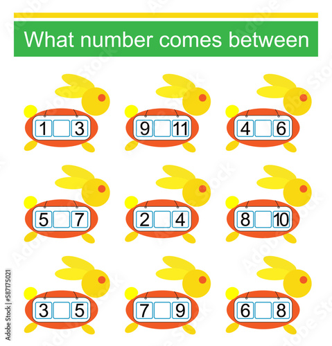 What number comes between? Math worksheets for kids. Vector illustration