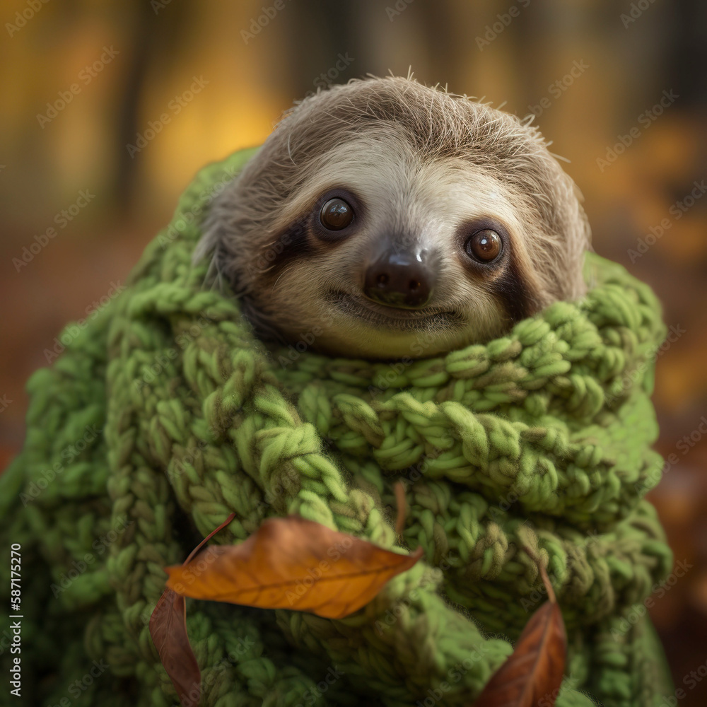 Fototapeta premium Sloth in a warm scarf. Generative AI.