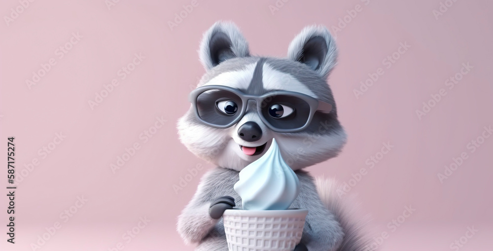 Cute 3D raccoon with ice cream. Generative AI. Cute 3D raccoon with ice cream. Generative AI.