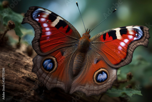 Peacock-eyed butterfly close up. Generative AI.