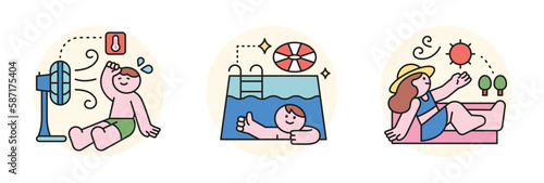 People enjoying summer. A boy sweating and blowing on a fan, a boy swimming in a pool, a girl sitting in the sun.