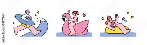 People enjoying summer. People surfing in the sea, riding flamingo tubes and drinking cocktails.
