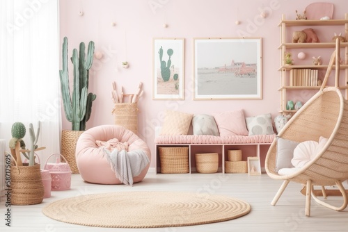 Mock up poster in pastel room with natural wicker and wooden toys . Generative AI
