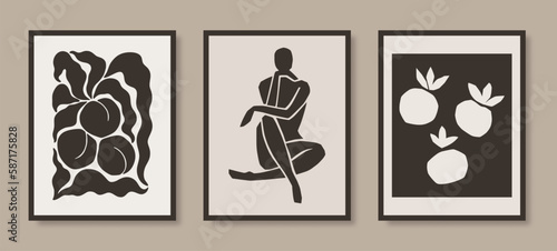 Matisse Abstract Art Prints Set the Woman Figure and Peach Fruits in Trendy Minimalist Style. Vector Collage Posters