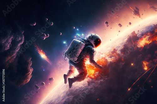 An astronaut in spacesuit floating in colorful, neon galaxy with clouds and nebula © Daria