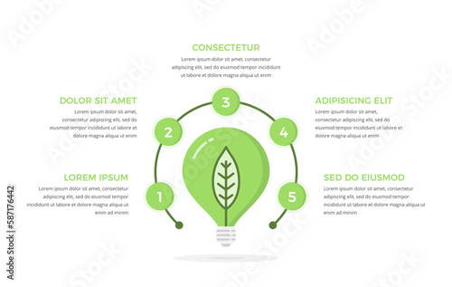 Green energy infographics - diagram with five elements with lightbulb with leaf