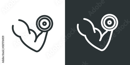 Muscle hand with weights. Sport muscular arm holding dumbbell symbol. Fitness sign for mobile concept and web design. Vector graphics. 