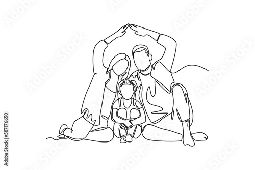 Continuous one-line drawing insurance concept, a family forms a house. Insurance concept single line draws design graphic vector illustration
