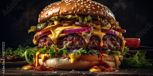 juicy hamburger at a black background 