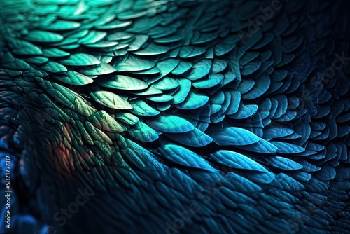 close-up view of vibrant blue and green feathers of a bird. Generative AI © AkuAku