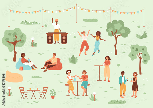 People walking on summer festival. DJ, girls dance, chat and drink coffee and lemonade. Man in cushion chair on the grass. Public park with trees, light bulbs, cafe. Vector concept illustration.