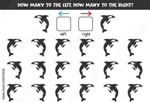 Left or right with cute cartoon killer whale. Logical worksheet for preschoolers.