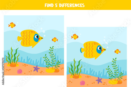 Find 5 differences between two cute cartoon butterfly fish underwater.