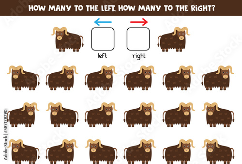 Left or right with cute cartoon musk ox. Logical worksheet for preschoolers.