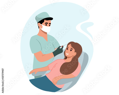 The cosmetologist makes an injection of Botox in the eyebrow area. Face oval correction procedure. Fillers along the forehead line. Women's cosmetology in a beauty salon. Facial filler. Vector