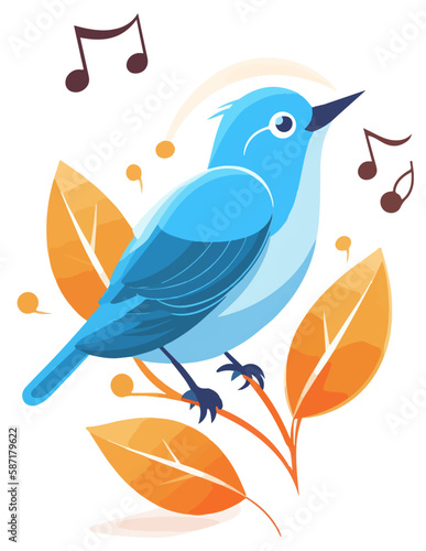 Vector Illustration of a blue bird singing on a branch surrounded by leaves