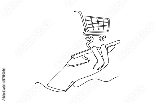 Single one-line drawing shopping cart on a smartphone. E-Commerce concept continuous line draw design graphic vector illustration