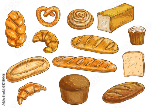 Bread sorts and bakery elements set. Vector pencil sketch of rye bread, ciabatta, wheat bread, muffin, bun, bagel, sliced bread, french baguette, croissant, pretzel