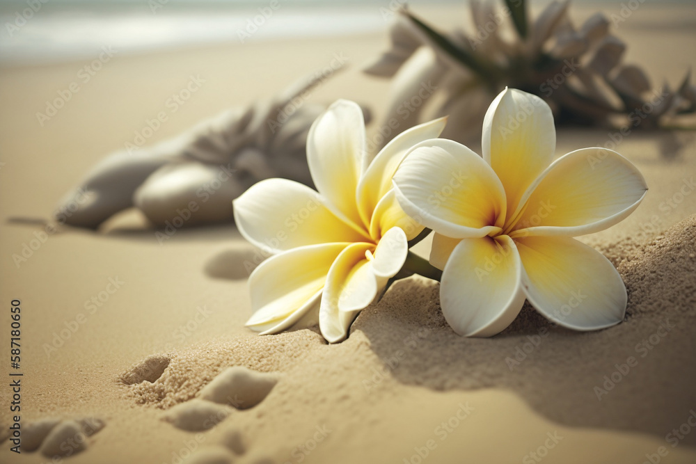 Plumeria Flowers On The Beach On The Sand, Spring Season, Generative Ai Plumeria Flowers On The Beach On The Sand, Spring Season, Generative Ai