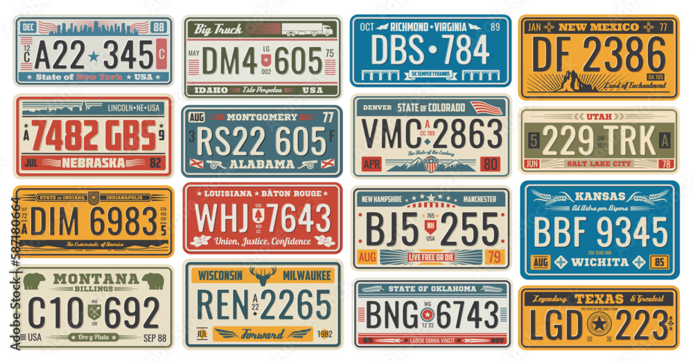 Car license retro cards official numbers for vehicle registration in USA states. Metal sign boards automobile plates with digits and letters, Nebraska and Alabama, Wichita and Texas, Colorado and Utah