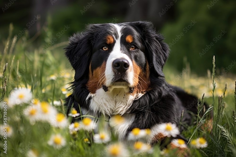 Bernese Mountain Dog resting in a daisy field. Generative AI