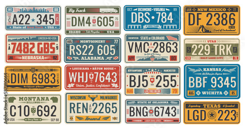 Car license retro cards official numbers for vehicle registration in USA states. Metal sign boards automobile plates with digits and letters, Nebraska and Alabama, Wichita and Texas, Colorado and Utah