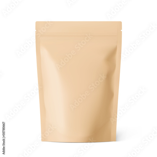 Clean Kraft pouch mockup. Vector illustration isolated on white background. Perfect for the presentation of your product. EPS10.