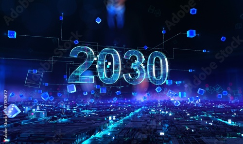 2030 - businessman working and touching with augmented virtual reality at night office. Dynamic digital background
