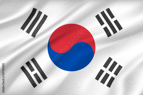 South Korea flag background with cloth texture. Country national symbol of textile or fabric, wind silk cloth with circle and stripes. Political national heraldry for Asian state banner vector