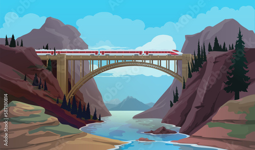 Railroad bridge with train over mountain river vector background. Mountain nature landscape with arch bridge, rock hills and trees, blue sky and cloud, train travel, rail transport, vacation adventure photo