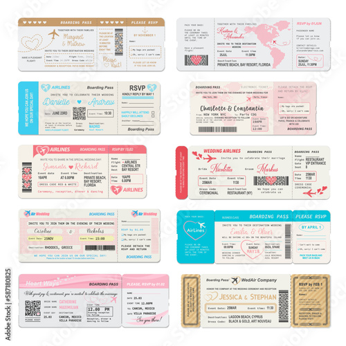 Boarding pass ticket of wedding invitation vector templates. Airline plane tickets and flight cards with airplanes, hearts, world map and RSVP coupons, air travel, marriage and wedding party design photo