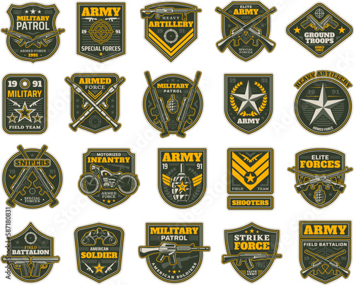 Military and army patches or icons, vector chevrons for sniper, shooter, motorized infantry and elite forces. Field battalion, shooters and military patrol, isolated army insignia with weapon set