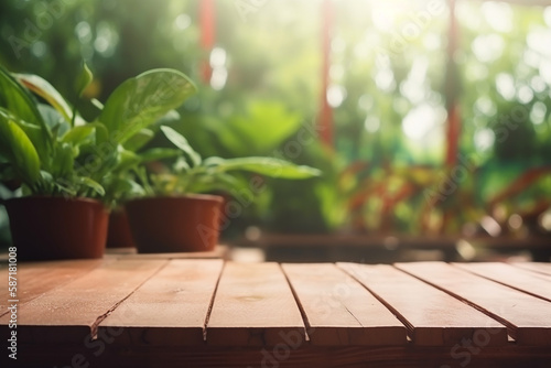 Wooden table for product display with floral background, generative AI