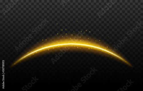 Magic arc, vector light effect of shining beam or shooting star abstract curve with sparkles. 3d curved line with gold flare, glitter and fairy dust on dark background. Magic arc or planet shadow